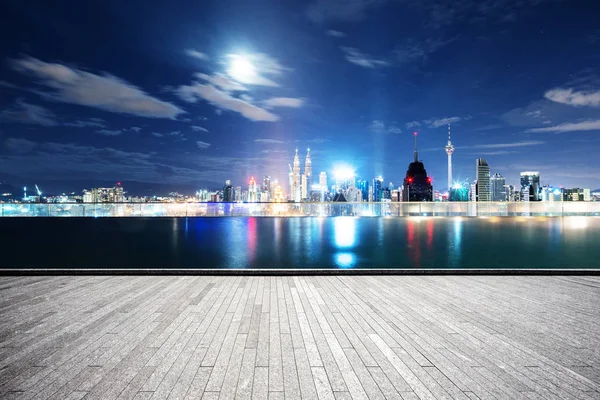 Empty Brick Floor Cityscape Kuala Lumpur Night — Stock Photo, Image