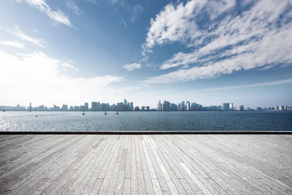 Empty Brick Floor Cityscape Hangzhou Blue Cloud Sky — Stock Photo, Image