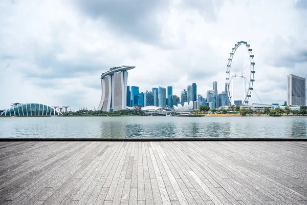 Lege Bakstenen Vloer Skyline Van Singapore Wolk Lucht — Stockfoto