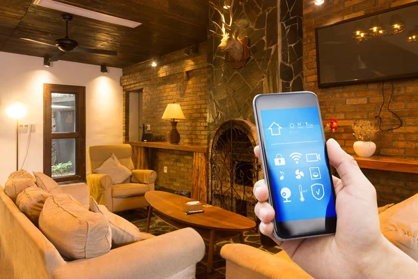 Smartphone Con Smart Home Ristorante Moderno Hotel — Foto Stock