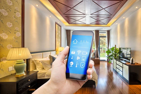 Smartphone Smart Home Modern Bedroom — Stock Photo, Image