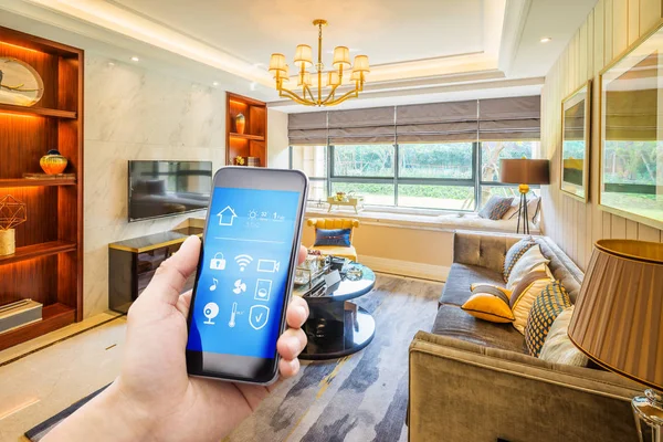 smartphone with smart home and modern living room