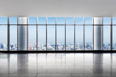 Boş ofis ve mavi bulut gökyüzü Tokyo'da cityscape