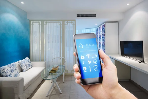 Smartphone Smart Home Modern Living Room — Stock Photo, Image