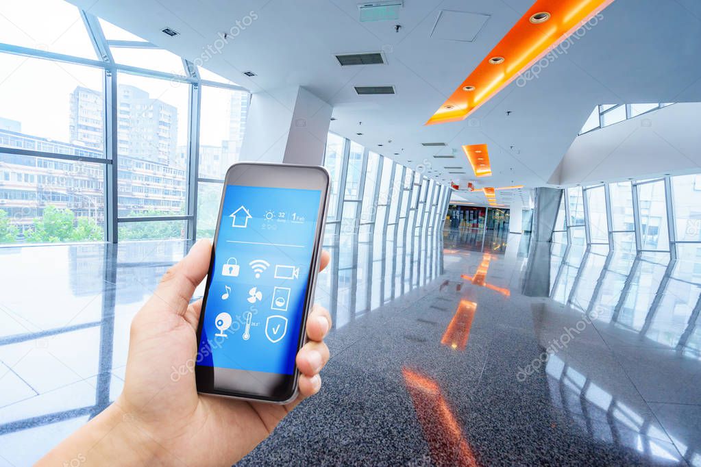 smartphone with smart home and modern corridor