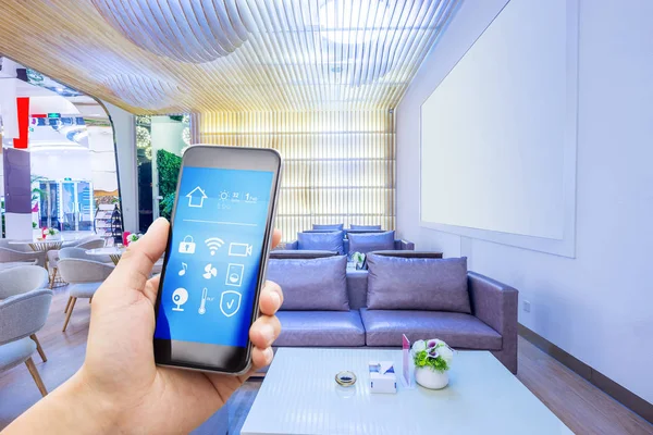 Smartphone Smart Home Modern Living Room — Stock Photo, Image