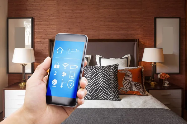 Smartphone Smart Home Modern Bedroom — Stock Photo, Image