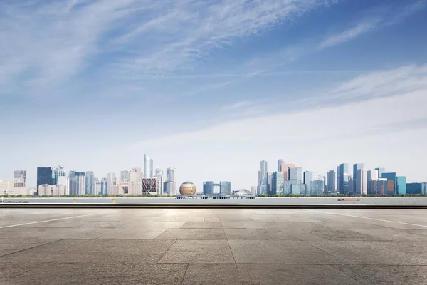 Empty Marble Floor Cityscape Hangzhou Qianjiang New City Blue Cloud — Stock Photo, Image