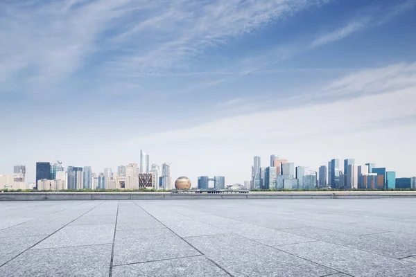 Empty Marble Floor Cityscape Hangzhou Qianjiang New City Blue Cloud — Stock Photo, Image