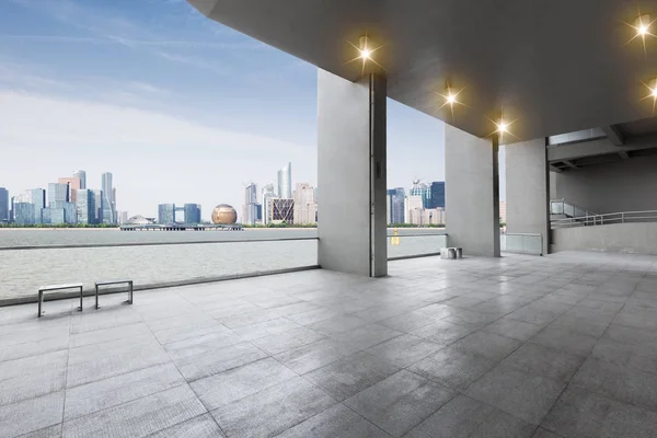 Empty Marble Floor Cityscape Hangzhou Qianjiang New City Blue Cloud — Stock Photo, Image