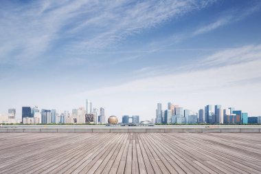 boş ahşap zemin ve Hangzhou Qianjiang new city mavi bulut gökyüzü'cityscape