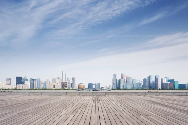 Lege Houten Vloer Stadsgezicht Van Hangzhou Qianjiang New City Blauwe — Stockfoto