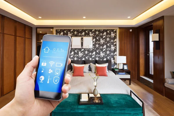 Smartphone Smart Home Modern Bedroom — Stock Photo, Image