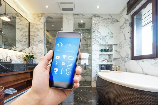 smartphone with smart home and modern bathroom