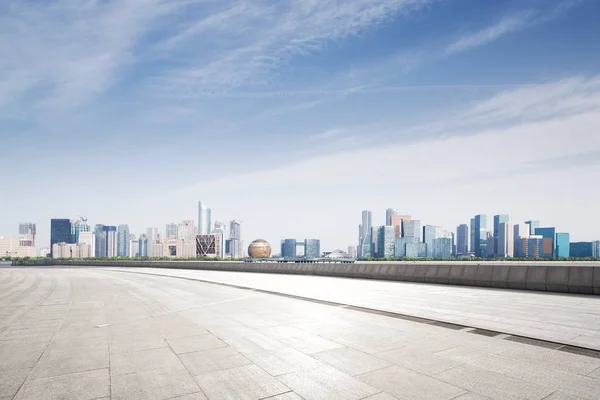 Empty Marble Floor Cityscape Hangzhou Qianjiang New City Blue Cloud — Stock Photo, Image