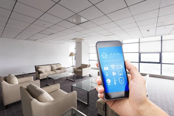 smartphone with smart home and modern living room