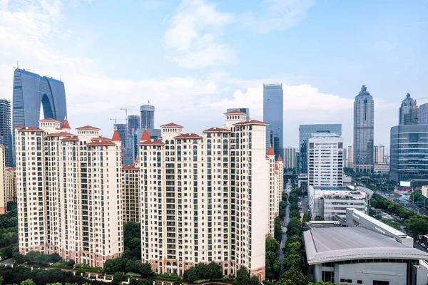 Skyscrapers Modern City Overlooking Perspective Blue Sky — Stock Photo, Image