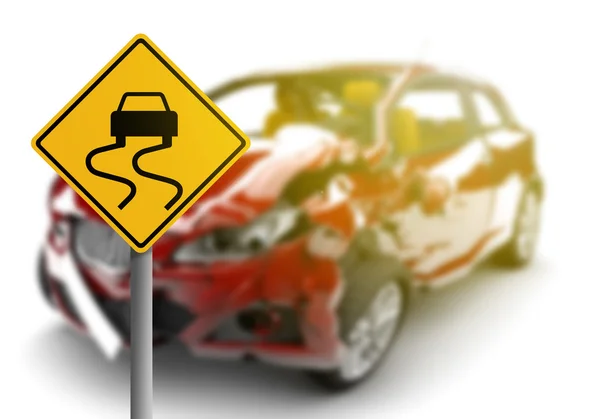 Czerwony samochód wypadek z niebezpieczeństwo żółty znak — Zdjęcie stockowe