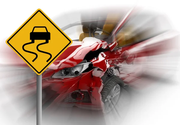 Zoom en un accidente de coche rojo con señal de peligro amarillo — Foto de Stock