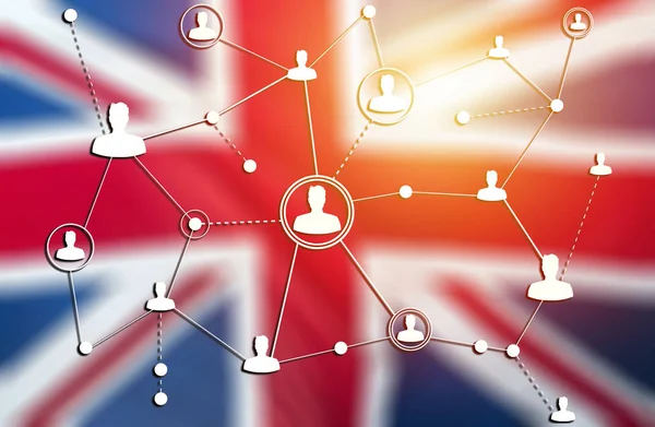 Tecnologías de redes sociales en una bandera de Gran Bretaña —  Fotos de Stock