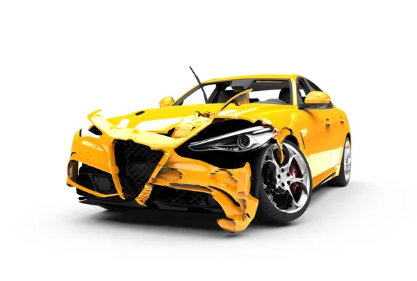 Gele auto-ongeluk op een witte achtergrond — Stockfoto