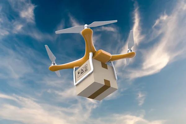 Drone che vola con una confezione di scatole di consegna in cielo — Foto Stock