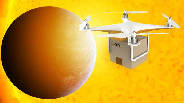 Drone che vola con un pacco di scatola di consegna nello spazio — Foto Stock