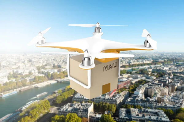 Drone volando con un paquete de caja de entrega — Foto de Stock