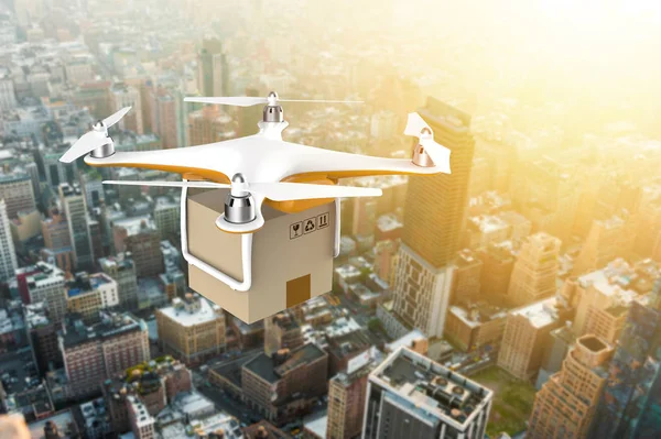 DRONY létání s box balení dodávky nad slunce město — Stock fotografie
