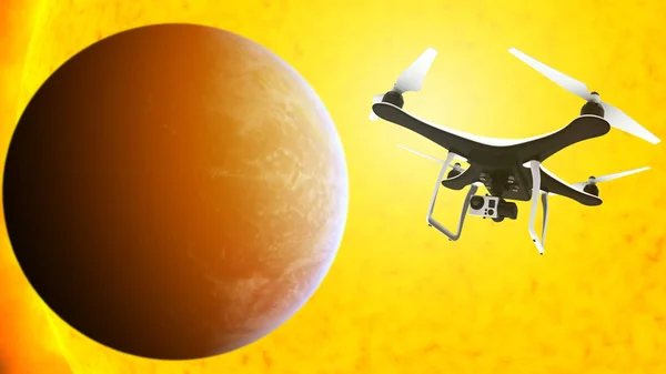 Drone con fotocamera digitale che vola davanti al sole — Foto Stock