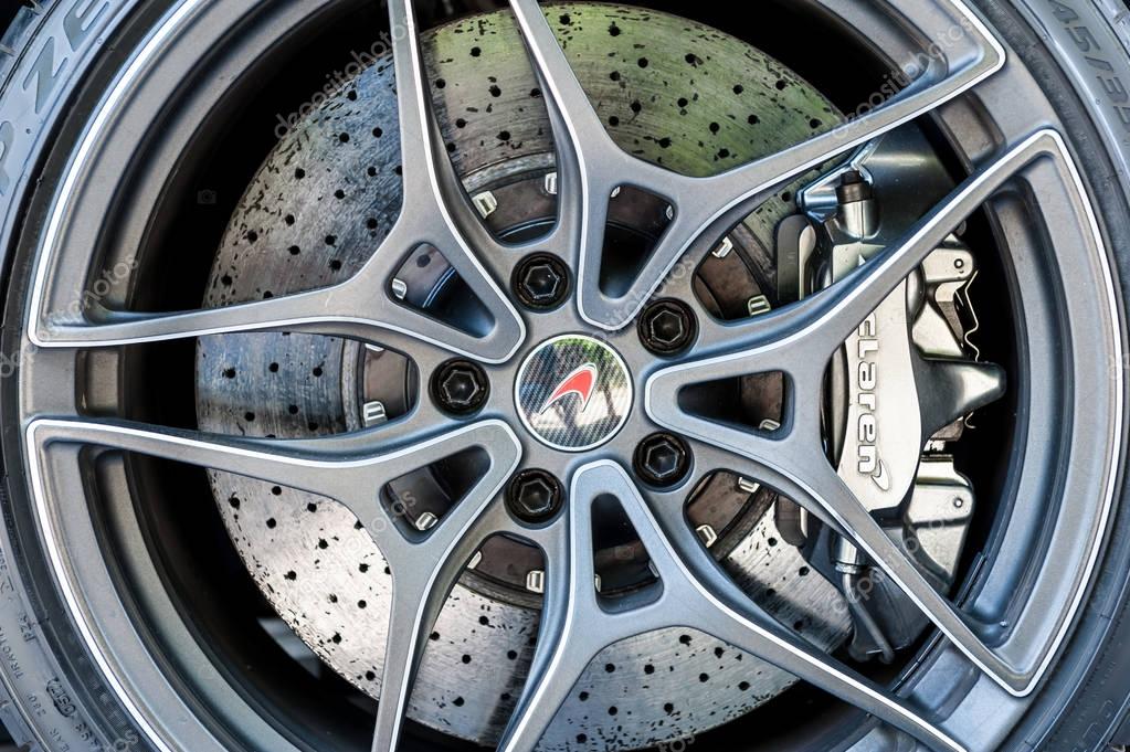 TORINO - JUN 08, 2017: Showroom. Close up of a Mclaren wheel and brake system