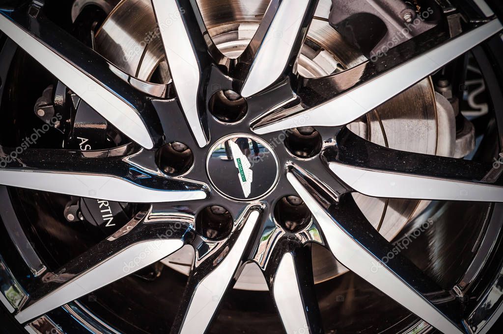 TORINO - JUN 08, 2017: Showroom. Close up of an Aston Martin wheel