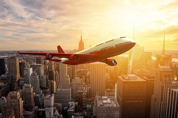 Airplane flying over a metropoly — Stock Photo, Image