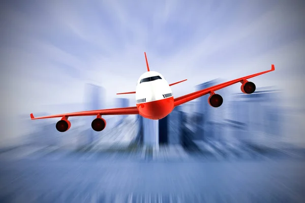 Airplane flying over a moden city — Stock Photo, Image