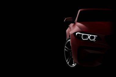 Geniş ve markasız kırmızı modern bir arabanın ön görüntüsü.