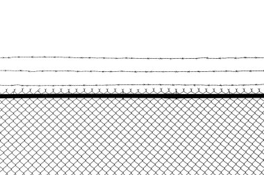 Beyaz arka planda izole edilmiş dikenli telli metal çitler.