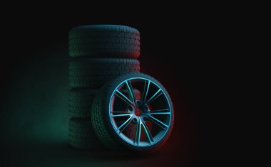 Car tires standing in a dark studio: 3D illustration
