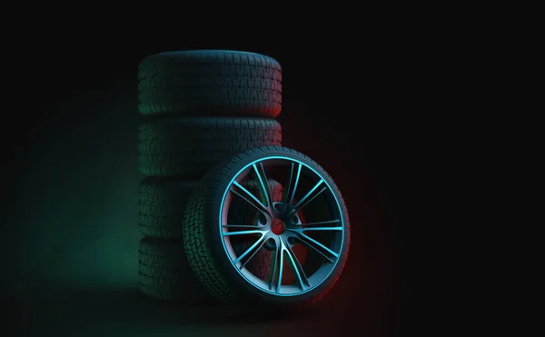 Car Tires Standing Dark Studio Illustration — 图库照片