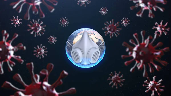 Yüz Maskeli Dünya Gezegeni Virüslerle Çevrili Boyutlu Illüstrasyon — Stok fotoğraf