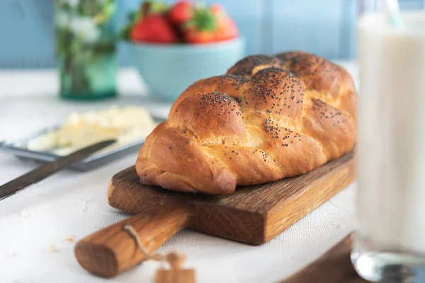 Świeży Chleb Chała Śniadanie Wsi Tle — Zdjęcie stockowe