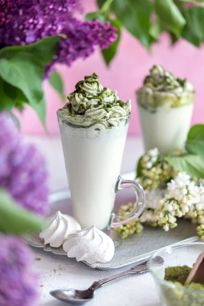 Verde Matcha Latte Bevanda Sfondo Rurale Fotografia Stock