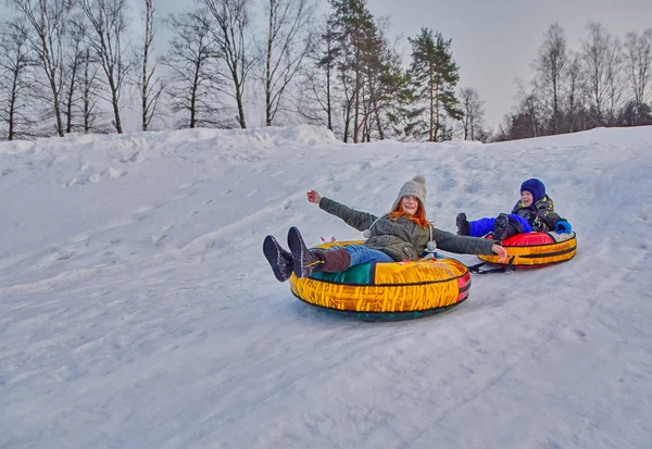 Gelukkige kinderen op een winter-slee rijden — Stockfoto