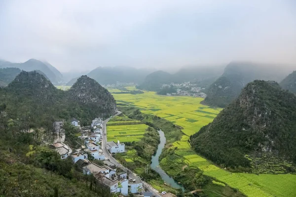 Repce field vele virágok Yunnan táj — Stock Fotó