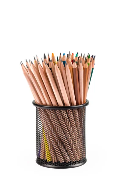 Various pencils in metal grid container — Stock Photo, Image