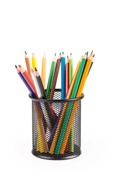 Lápis de cor em vaso de metal isolado — Fotografia de Stock