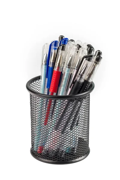 Gel pens in metal pot isolated — Stock Photo, Image