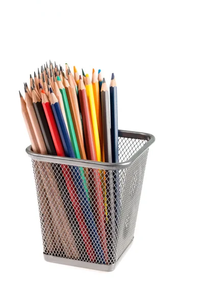 Color pencils in metal pot — Stock Photo, Image