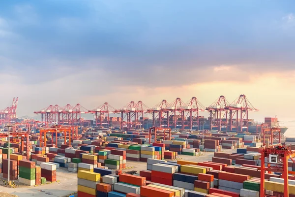 Shanghai container terminal al crepuscolo — Foto Stock