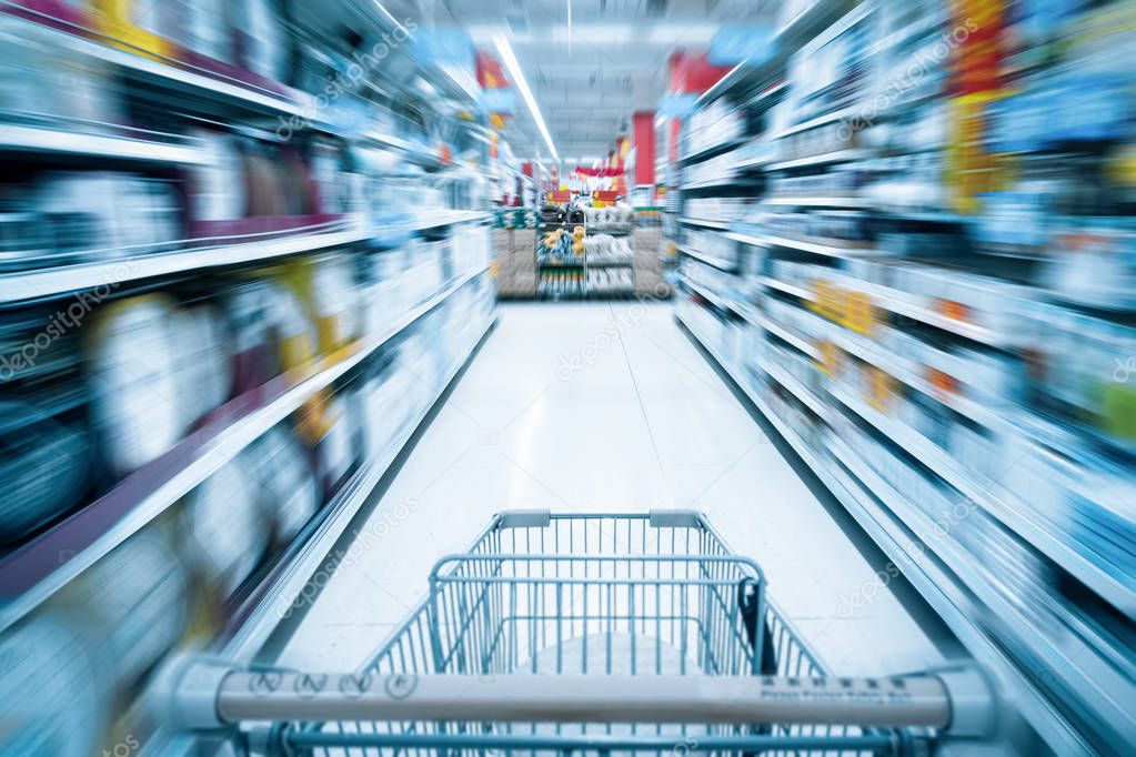 shopping cart and supermarket background 