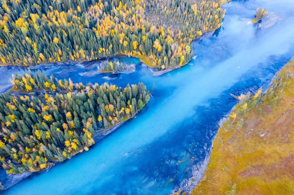 Antenn Utsikt Över Vackra Kanas Flod Landskap Höst Xinjiang Kina — Stockfoto